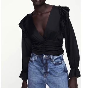 Zara Ladies Black Layered Ruffle Frill Satin Top Evening‎ Party Holiday Sz M